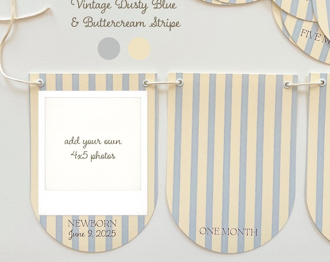 First Birthday Photo Banner, Milestone Cards, Dusty Blue Stripe, Personalized Birthdate Keepsake, 14 Cards - Add Your 4x5 Photos
