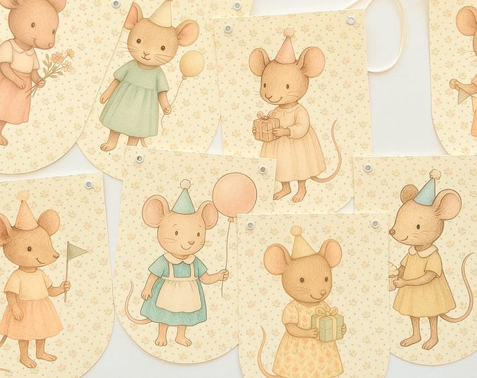 Mouse Doll Birthday Garland, Storybook First Birthday Decor, Dollhouse Party Banner, Cottagecore Little Mouse, Heirloom Party Decorations