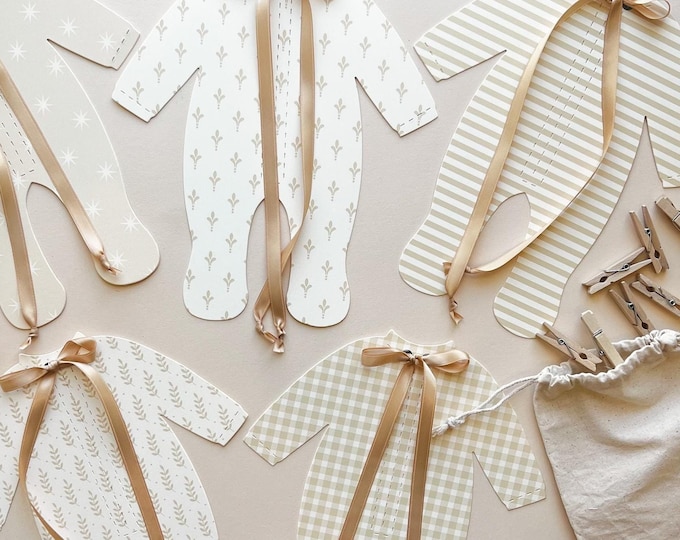 Neutral Baby Shower Banner, Beige Pale Gold Pajamas Decorations with Ribbon Bows, 5 - 8 1/4"W x 9 3/16"H Pajamas, Adjustable Length