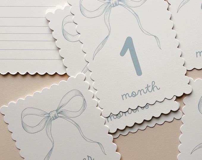 Blue Milestone Cards, 14 -5"x7" Heavy Duty Scalloped Cards, Double Sided, Personalized Boy Baby Shower Gift, Photo Prop