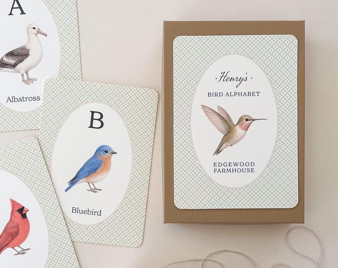 Heirloom Bird Alphabet Gift Box Set, 26 (5x7) Bird Wall Decor Cards for Bird Themed Nursery, Personalized Baby Shower Gift