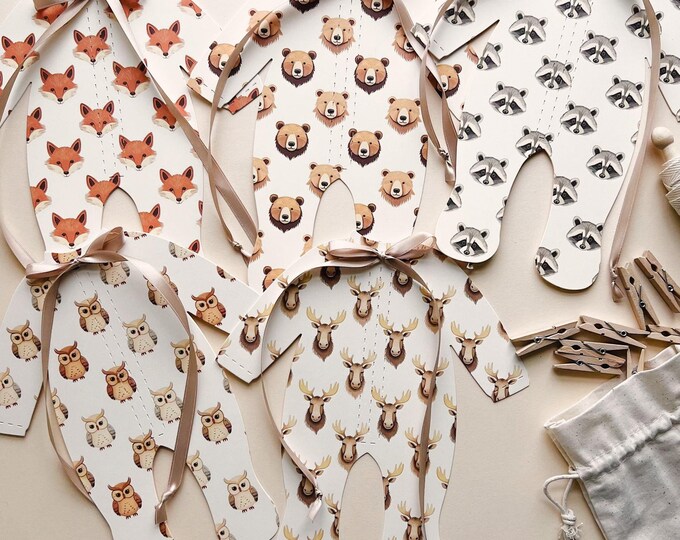 Woodland Baby Shower Decor, Baby Boy Decoration with Tan Ribbon Bow, 5 - Pajamas, Adjustable Length, Cute Boy Baby, Fox - Bear - Moose - Owl