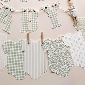 Banner For Baby Shower Light Sage Green Clothesline 8- 5x7" Bodysuits Decorations