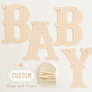 Personalized Baby Shower Banner, Beige Gingham Letters, Adjustable Length, Welcome Baby, Name, Little Cowboy, Bearly Wait