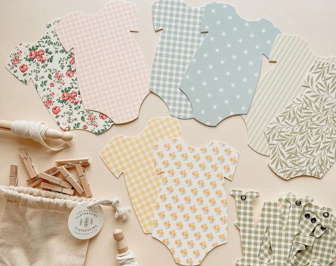 Gender Reveal  Baby Shower Decorations, Pink, Blue, Yellow, Green Garland, Welcome Baby, 8 - 5x7" Bodysuits 4" Letters