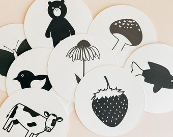 Black and White Art Flash Cards for Babies, High Contrast Educational Picture Cards, Baby Visual Stimulation, Round Shape, No Sharp Corners