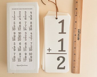 Numbers Addition Math Flashcards, Farmhouse Vintage Style Paper, Homeschool, 20 Large Flash Cards, Grommets for Hanging, Classroom Decor