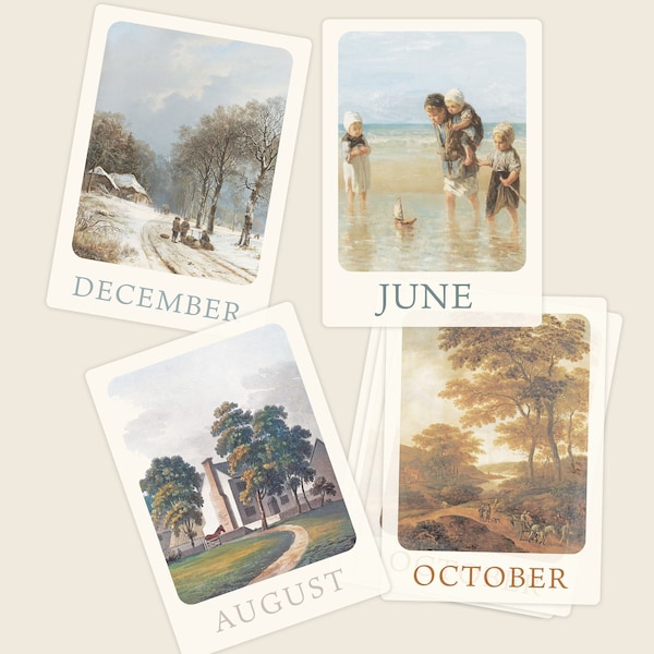 12 Month Vintage Classic Art Display Cards | Reuse Each Year | Gift For Teacher, Mom, Sister |  Desktop Decor | 5x7 Heavy Card Stock