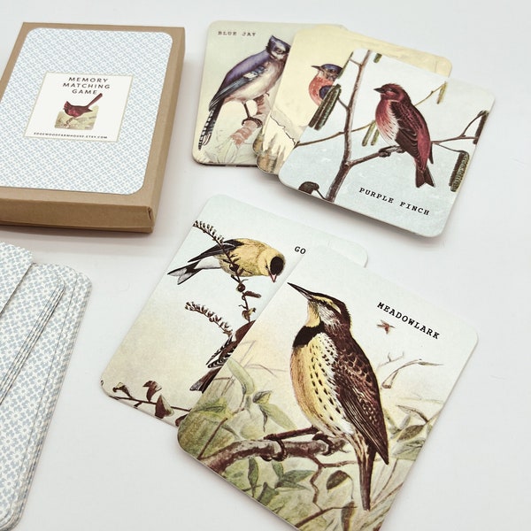 Bird Watcher Memory Game, Vintage Bird Art on 24 Cards, Boxed Gift, Test your Bird Knowledge, Game For All Ages, Grandparent Activity