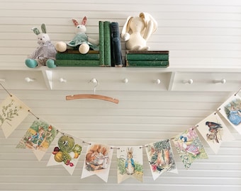 Peter Rabbit Banner Large |  Nursery Decor | Baby Shower | First Birthday | Heirloom Quality | 9 Pennants & Twine (color varies)