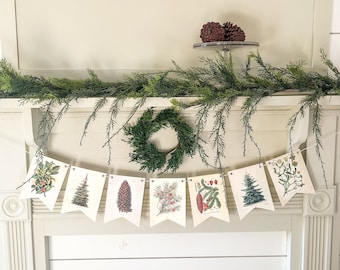 Woodland Large Garland Banner, Winter Vintage Antique Botanicals, Mantel + Window Wall Decor, 7 Pennant Flags & twine, Keepsake Quality