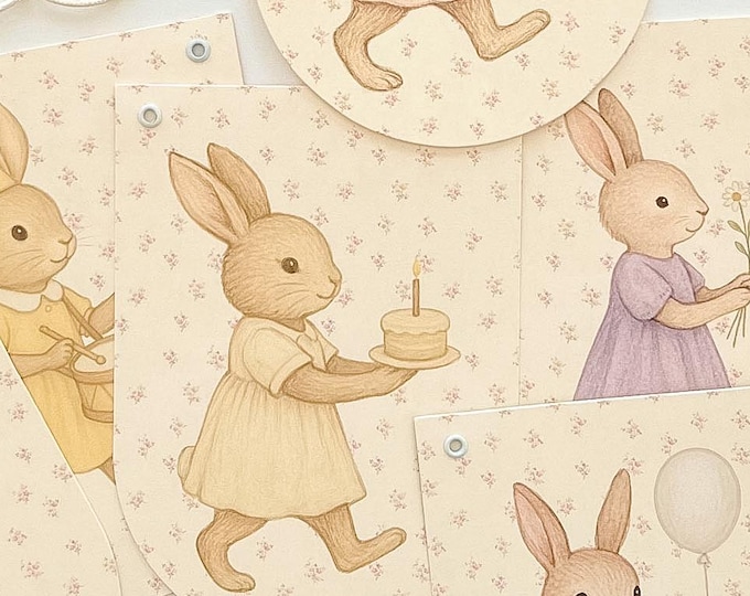 First Birthday Bunny for Boy or Girl Decoration Banner, Vintage Cottagecore Style for Fireplace Decor or Cake Table Backdrop, Soft Colors
