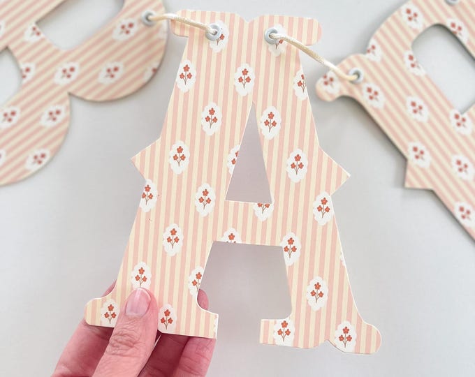 Custom Baby Shower Banner, Pressed Flower Stripe Red and Blush, Vintage Letters, Welcome Baby, Wildflower Baby Shower, Baby Name