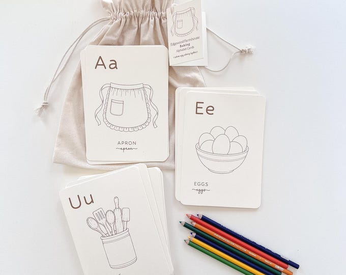 Alphabet Coloring Cards for Adults & Kids, Little Cutie Pie Baby Shower Activity, Baking ABC Flash Cards, Montessori Preschool Learning Gift