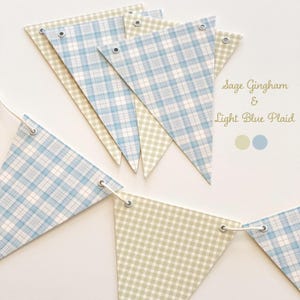 Plaid Bunting in Light Blue Plaid and Sage Gingham, Reusable Heavy Card Stock Flags,  Baby Shower Garland, Birthday, Picnic Bunting