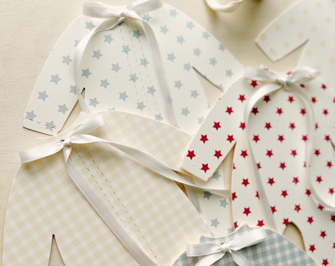 Red White and Powder Blue Baby Shower Decor with Ribbon Bows, Stars Gingham, Summer Baby Shower,  5 Pajamas