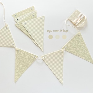 Baby Shower Bunting Garland,  8 Reusable Heavy Card Stock Flags,  Picnic Bunting, Sage Greenery Gingham Decorations