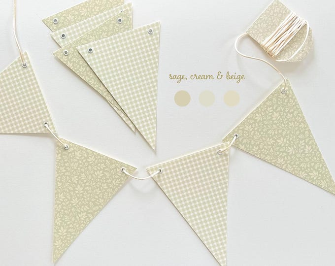 Baby Shower Bunting Garland,  8 Reusable Heavy Card Stock Flags,  Picnic Bunting, Sage Greenery Gingham Decorations