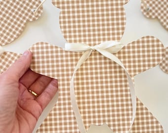 Baby Shower Teddy Bear Banner Garland, 5 Large 7 3/8"W x 9 1/2"H Brown Gingham  Bears, Adjustable Length, Nursery Decoration for Baby Boy