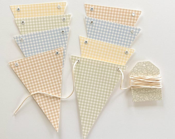 Gingham Bunting in Pale Blue, Sage, Yellow and Tan,  8 Reusable Heavy Card Stock Flags,  Picnic Bunting, Matches Silly Goose Theme
