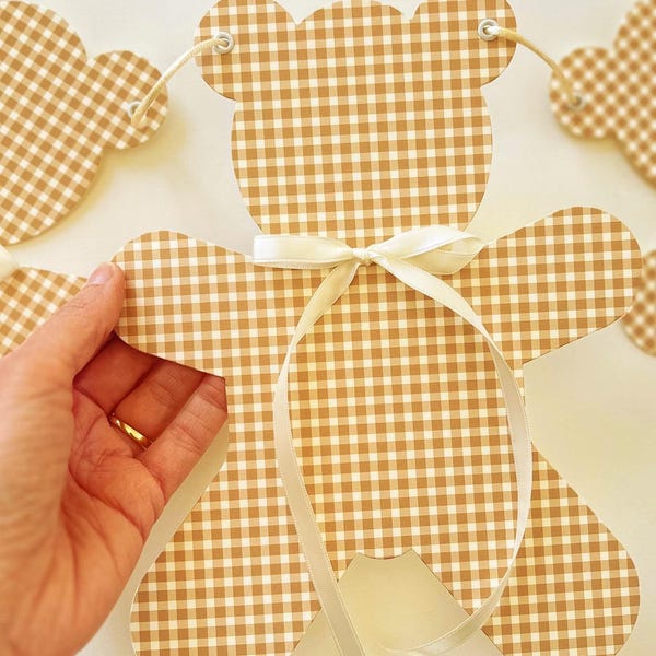 Baby Shower Teddy Bear Banner Garland, 5 Large Golden Brown Gingham  Bears, Adjustable Length, Nursery Decoration for Baby Boy