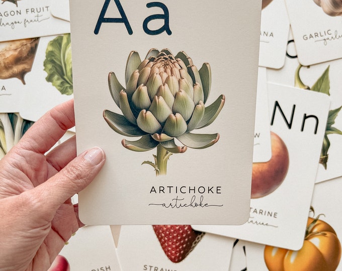 Alphabet ABC Flashcards Fruit Veggies Food 5x7" Cards, Homeschool, Locally Grown Baby Shower Decorations, Farmers Market, Heavy Card Stock