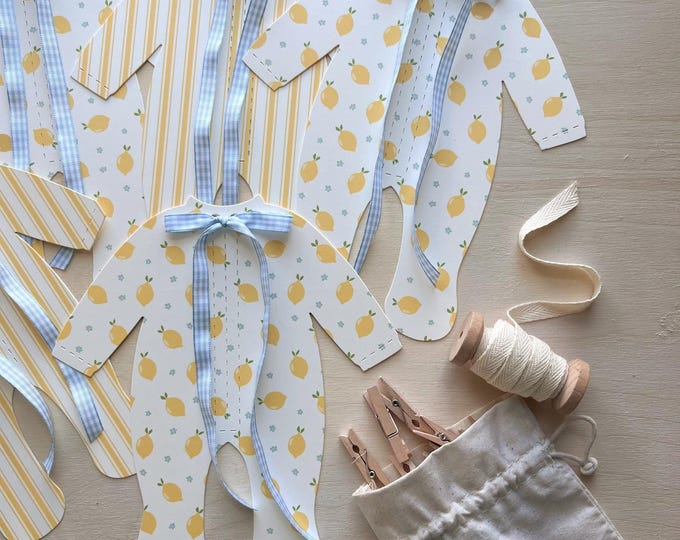 Lemon Yellow and Blue Gingham Bows Baby Shower Decor, 5 Large Pajamas, Summer Baby Shower, Cottage Style Lemons Garland, Adjustable Length
