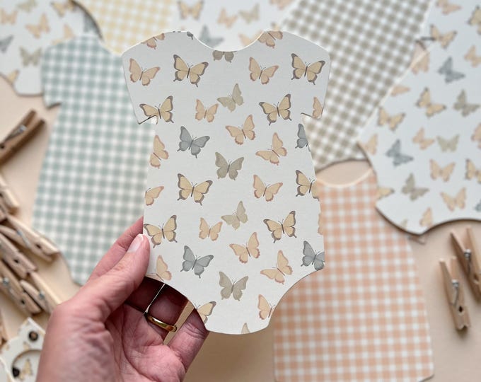 Butterfly Baby Shower Decorations, Peach Gray Blue, 8-5x7" Bodysuits, Adjustable Length  Clothesline & Pins, See Butterfly Collection