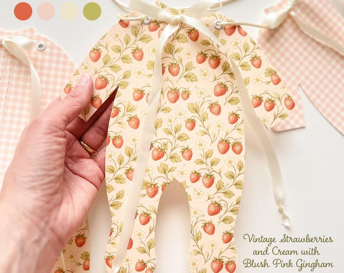 Strawberry Baby Shower Decorations, Blush Pink Gingham, 5 Pajama Set, Adjustable Length, Berry Sweet Baby Theme Garland
