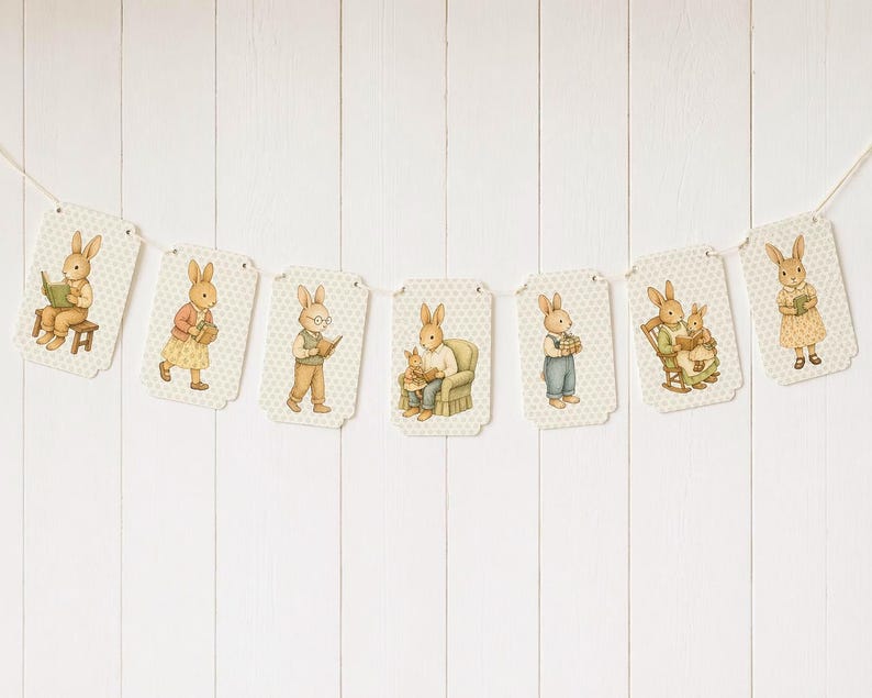 May include: A banner featuring illustrated bunnies in various poses, each on a tag with a dotted background. The bunnies are depicted reading, carrying baskets, and sitting in chairs. The banner is strung on a white string.