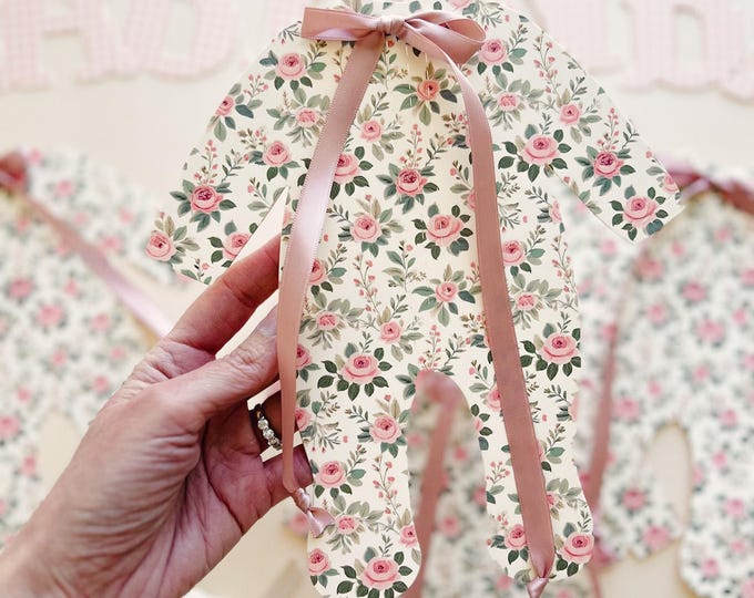 Baby Shower Banner, Vintage Pink Roses Floral Decorations with Pink Bow, 5 - 8 1/4"W x 9 3/16"H Pajamas, Baby in Bloom, Coquette Baby Shower