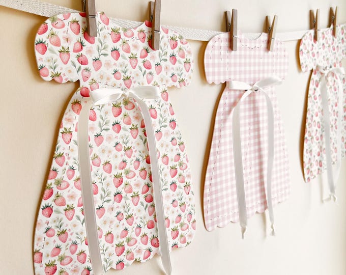Pink Strawberry First Birthday Decor, 5 -6 3/4"W x 9 3/16"H Large Dresses, Adjustable, See Strawberry Collection