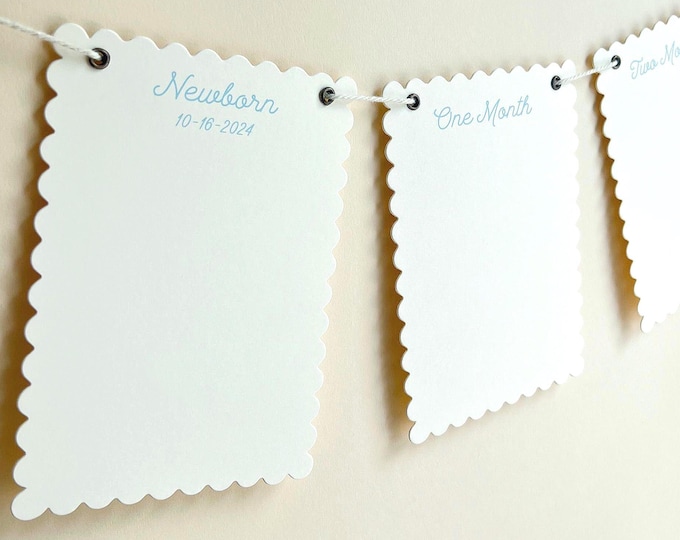 First Birthday Photo Banner, Milestone Cards, Simple Minimal, Personalized Blue Birthdate Keepsake, 13- Scallop Edge Cards, Adjustable