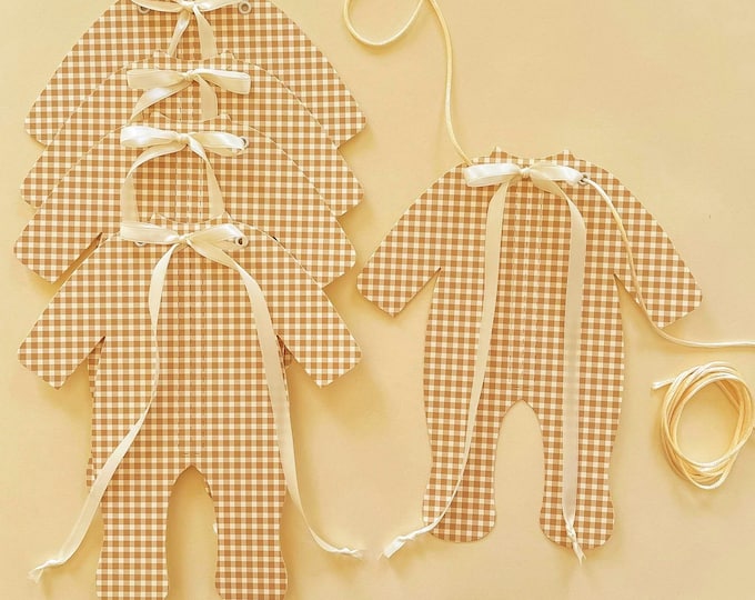 Golden Brown Gingham Baby Shower Decorations, Simple Pajamas Banner with Bows, Boy Baby Shower Garland,  Adjustable Length Mantel Banner