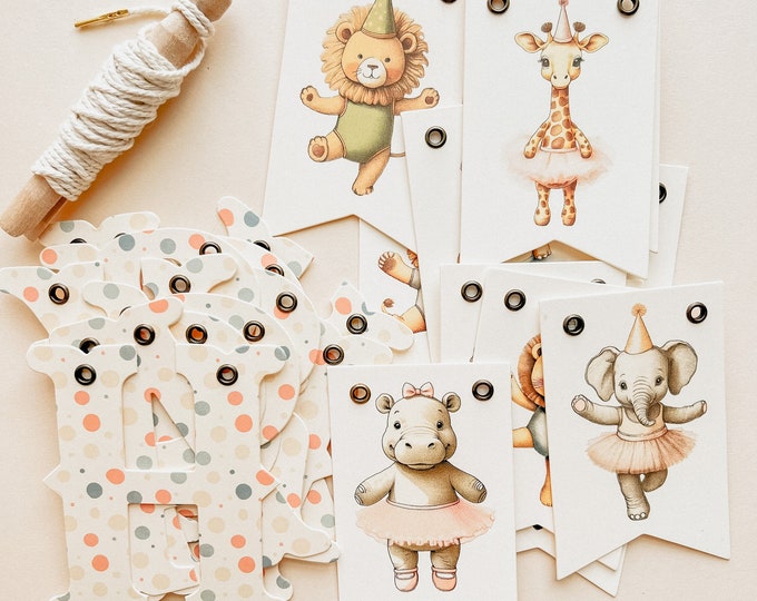 Mini First Birthday Peach Ballerina Party Decorations, Ballet Animals, 12 Mini Pennants 2.3" x 4" +  4" Letter Garland Banner, 1st Birthday