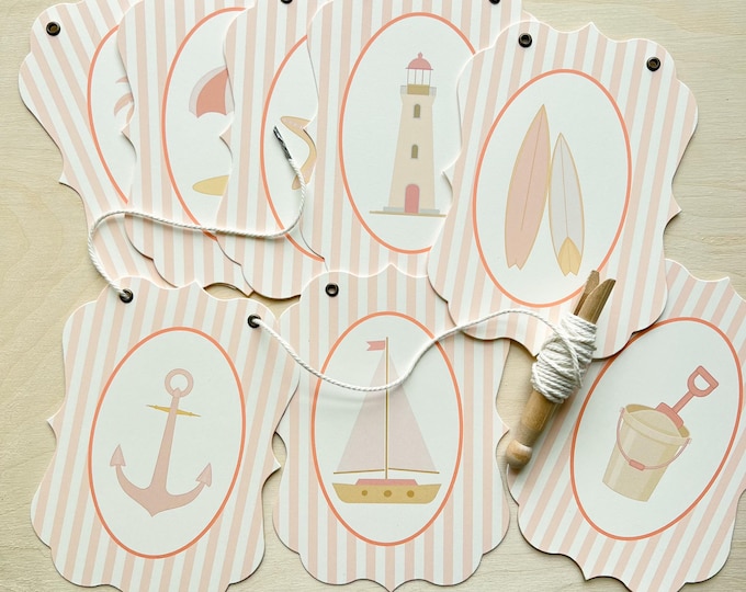 Baby Shower or Birthday Decor - Pink Nautical Banner Garland, Coral, Tan, Simple Coastal, Beach, Sailboat, Lighthouse,  Adjustable length