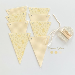 Baby Shower Bunting Banner Yellow Gingham and Primrose Yellow Flowers, Gender Neutral Super Heavy Card Stock,  5x7" Adjustable Flags