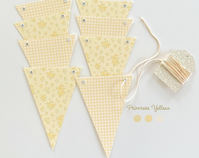 Baby Shower Bunting Banner Yellow Gingham and Primrose Yellow Flowers, Gender Neutral Super Heavy Card Stock,  5x7" Adjustable Flags