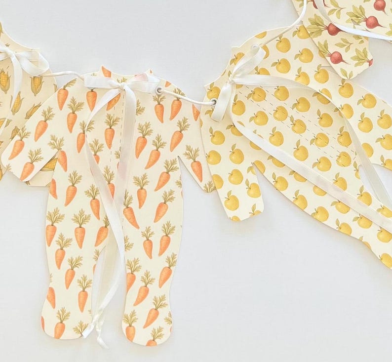 May include: A decorative banner featuring cut-out shapes of baby onesies, apples, corn, and radishes. The onesies are patterned with orange carrots on a cream background. White ribbon is used to connect the shapes.
