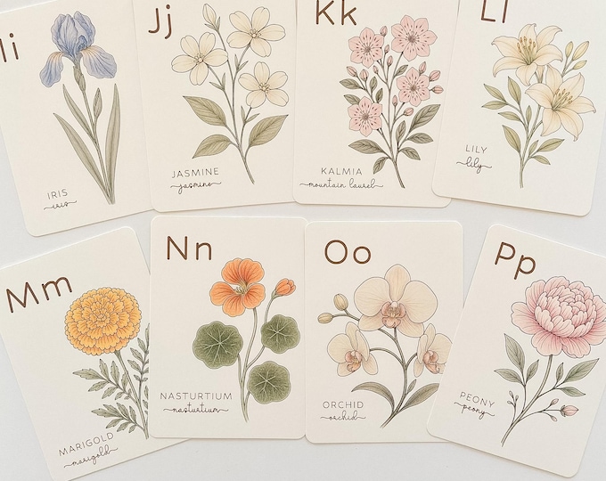 Alphabet Flower Flash Cards, Botanical ABC Prints, Flower Lover Gift, 5"x7" Framable Cards (optional coloring set in the shop)