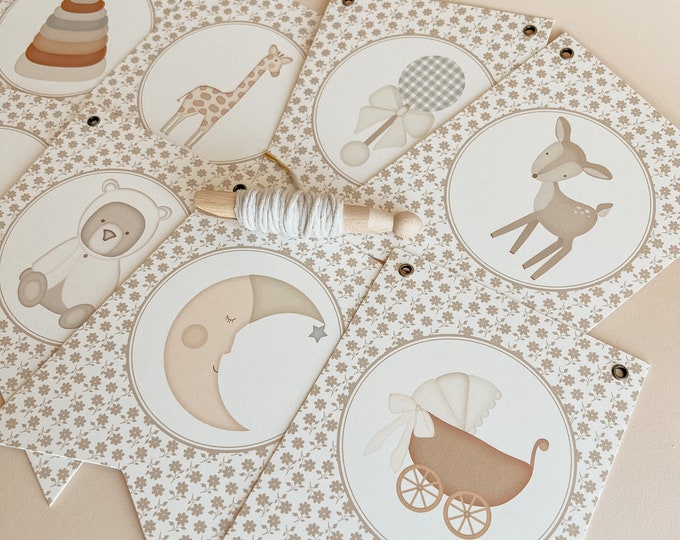 Beige Muted Colors Baby Shower Garland Decorations, Classic Simple Nursery, Neutral Muted Color, 8 - 5x7" pennants, Cottage, Farmhouse Style
