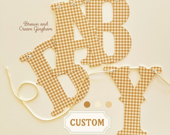 Personalized Banner, Vintage Style, Warm Brown and Cream Gingham, Teddybear Theme, Welcome Baby, Boy Baby Shower Decorations, Happy Birthday
