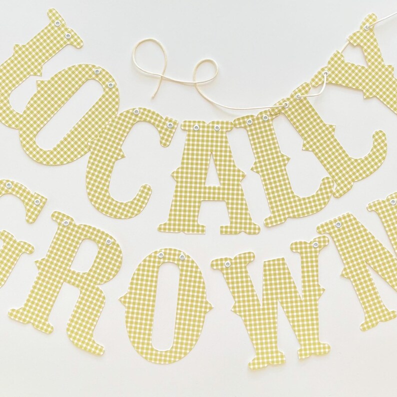 May include: A banner spelling "Grown Locally" in large, yellow and white gingham letters. The letters are strung together with a cream-colored string and have small metal eyelets for hanging. The banner is on a white background.