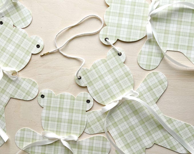 Baby Shower Teddy Bear Banner Garland, 5 Large Light Green Plaid Bears, Adjustable Length, Nursery Decoration Baby Boy, Preppy Madras Plaid