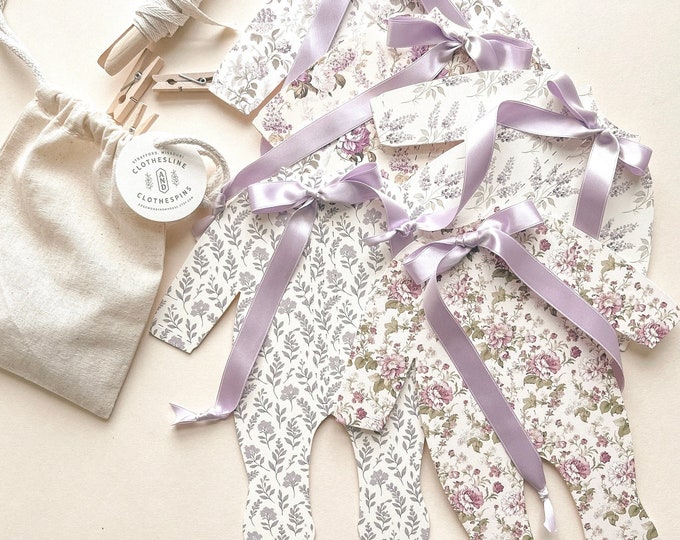 Lavender Baby Shower Banner, Elegant Lilac Floral Pajamas Decorations with Ribbon Bows, clothesline & clothespins, Lavender Purple Decor