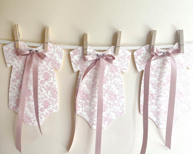 Girl Baby Shower Decorations, 8 Elegant Pink Damask Bodysuits with Pink Bow, Pink Floral, Clothesline Decor, Coquette Baby Shower
