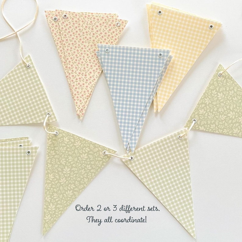 Bunting Banner Sage Green Gingham and Blush Pink Ditsy Flowers, Super Heavy Card Stock, Baby Shower, 5x7" Adjustable Flags image 6