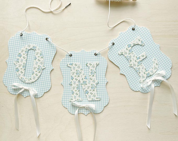 Blue Gingham Highchair Banner ONE First Birthday, Vintage Blue Floral , Sophisticated, Boy/Girl 1st Birthday Decor, Photo Prop, Adjustable