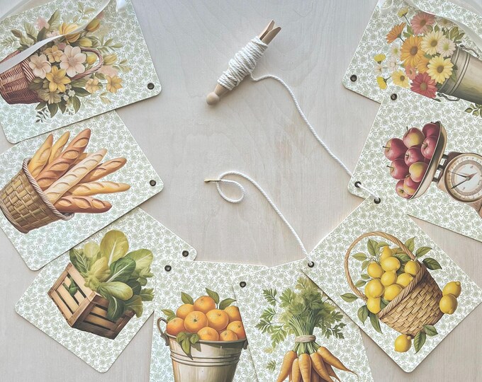 Farmer's Market Banner, Baby Shower Decor, Off the Market Theme Decor, Locally Grown Ideas,  8 - 5x7" Pennants, Adjustable, End Ribbons