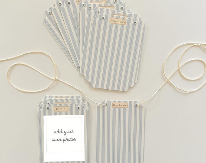 First Birthday Photo Banner, Baby Boy Monthly Milestone Garland, Heirloom Blue Stripe Picture Banner, First Year 4"x5" Photo Display